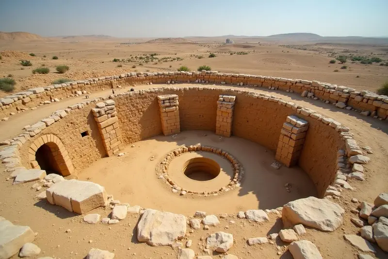 Enceinte circulaire en pierre entourant la margelle d'un puits antique, dans un paysage désertique