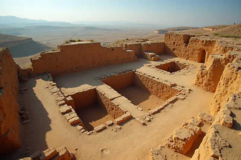 Murs de terre et de pierre d'un site archéologique fouillé, sur une colline dominant une vaste plaine