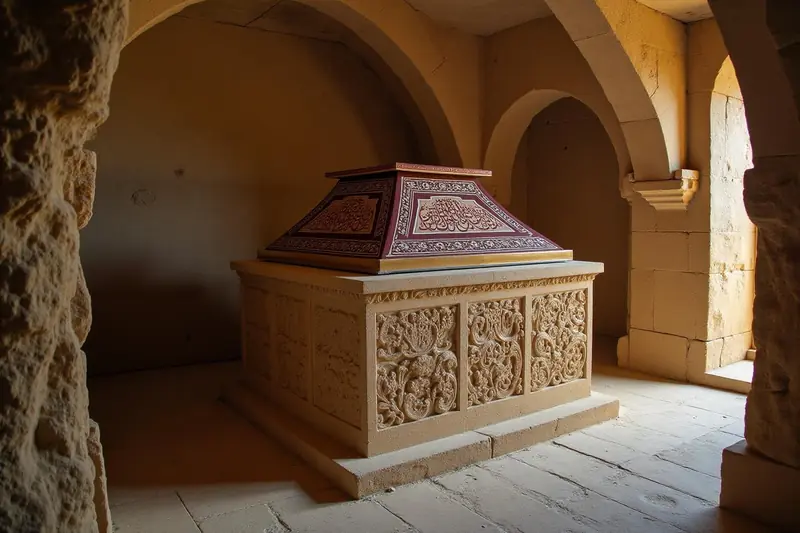 Cénotaphe de pierre sculptée surmonté d'un couvercle pourpre orné de calligraphie, sous des arcades