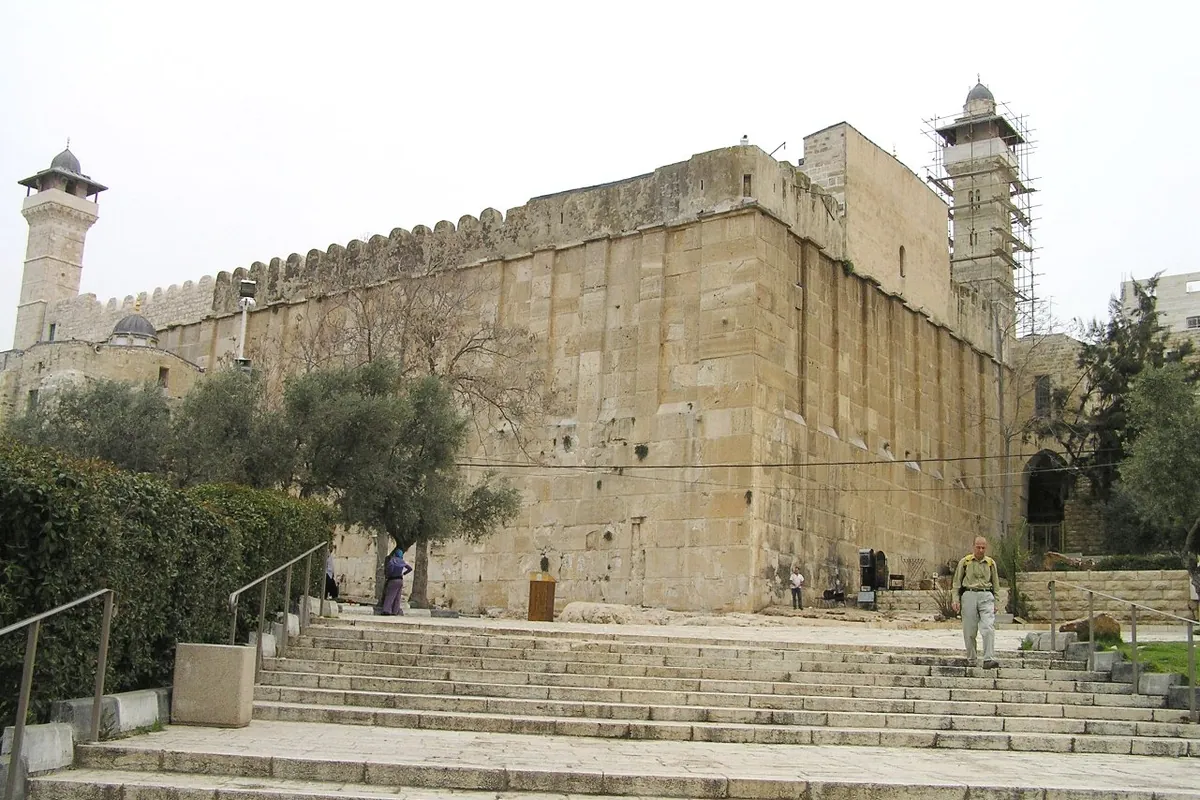The Herodian wall of the Tomb of the Patriarchs in Hebron, built of large stone blocks, above a staircase