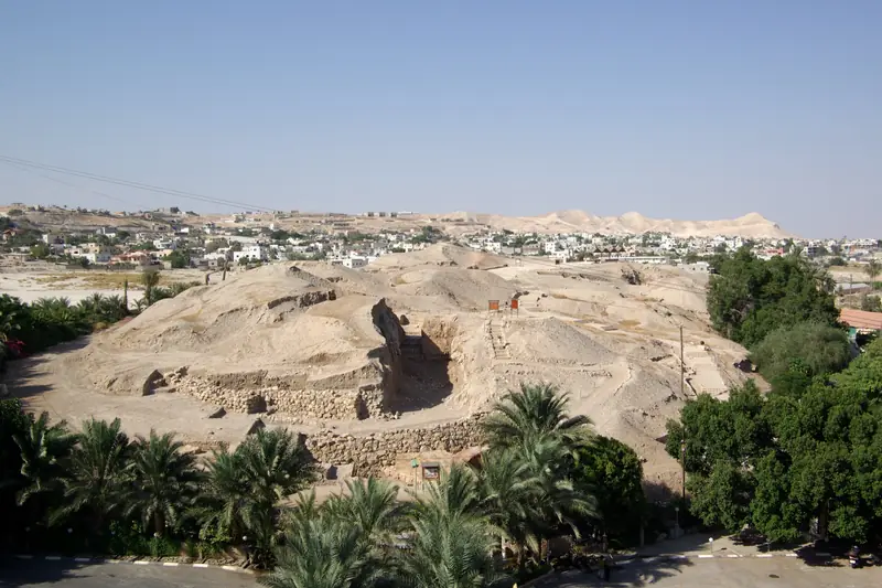 תל יריחו ממבט עילי: גבעת עפר בהירה שחוצה אותה תעלת חפירה עמוקה, דקלים בחזית והעיר ברקע