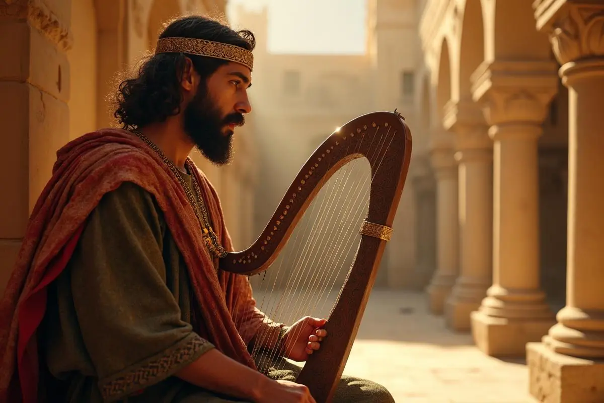Illustration d'un jeune roi barbu jouant de la harpe dans une cour bordée de colonnes