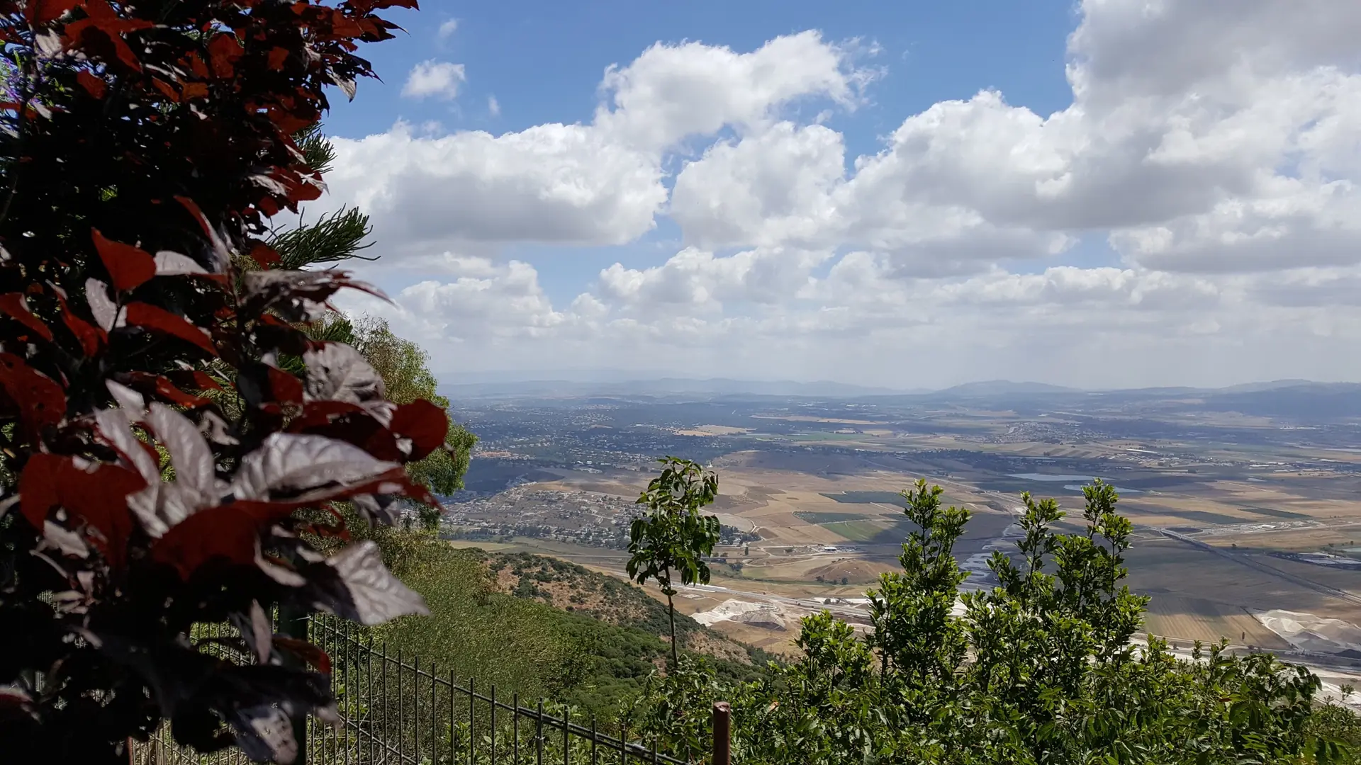 View from a terrace on Mount Carmel over the Jezreel Valley: farmland, villages and the hills of Galilee under a cloudy sky, with red foliage in the foreground