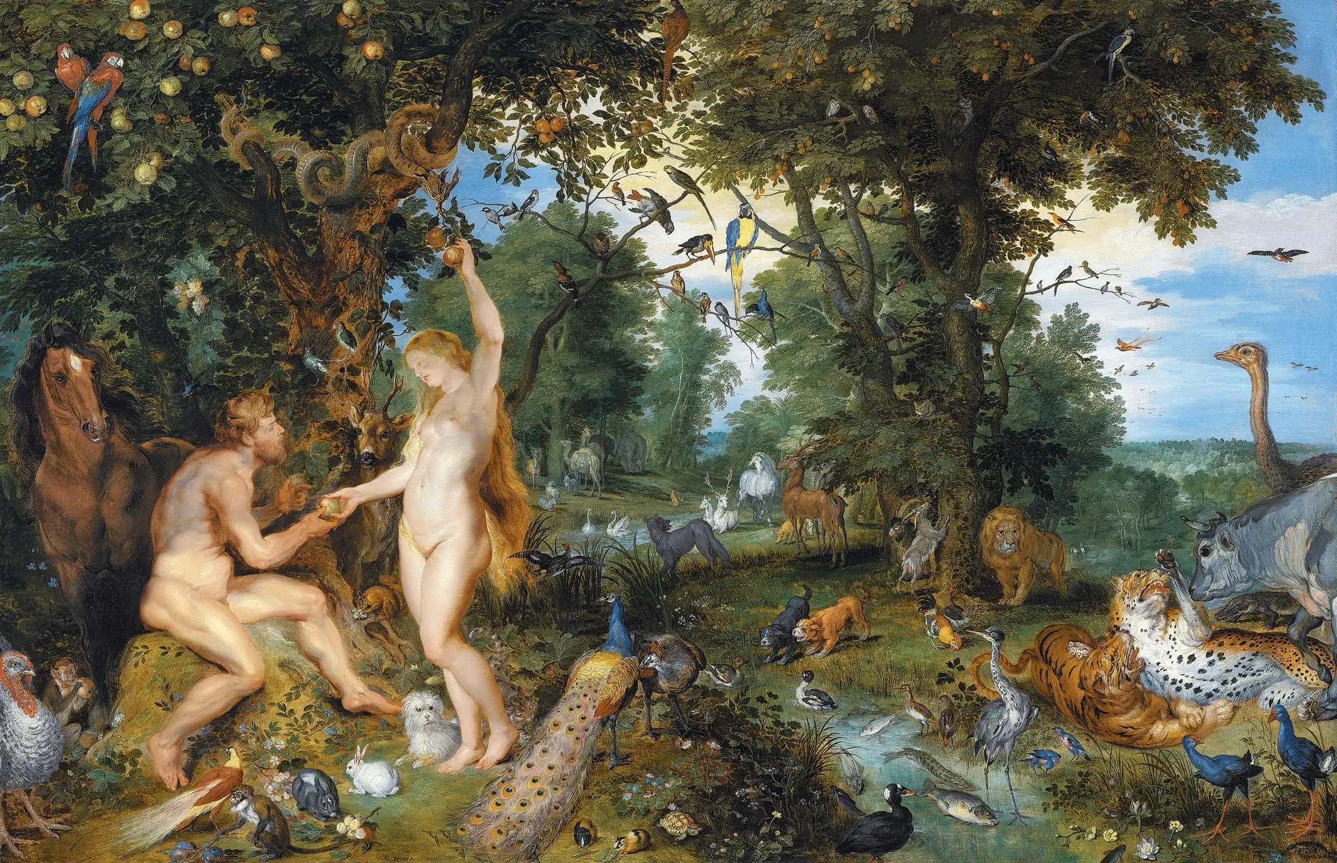 Tableau : Adam et Ève au milieu d'un jardin luxuriant peuplé d'animaux, sous un arbre fruitier