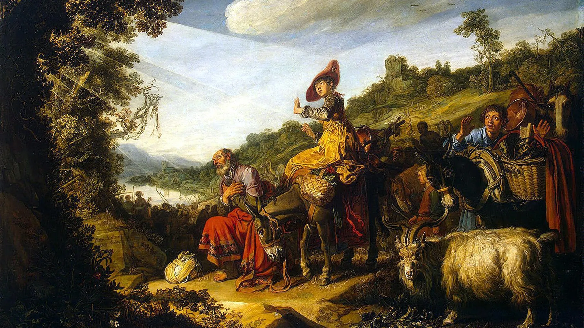 Painting: Abraham, his family and their flocks on the move through a wooded landscape