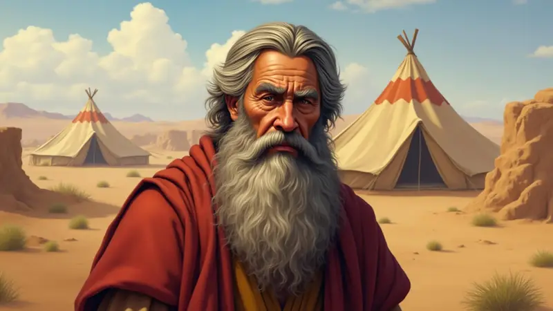 Illustration d'un vieil homme à longue barbe grise, vêtu d'un manteau rouge, devant des tentes dressées dans un paysage désertique