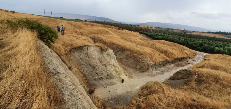 Pente d'herbe sèche où affleurent des couches de sédiments inclinées, avec des repères de fouille, et au loin les champs de la vallée du Jourdain