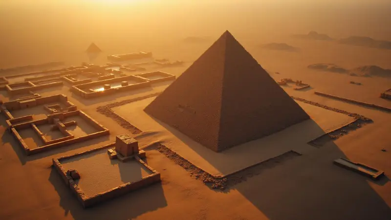 Vue aérienne d'une pyramide entourée d'enceintes et de cours en pierre, dans un désert baigné de lumière dorée