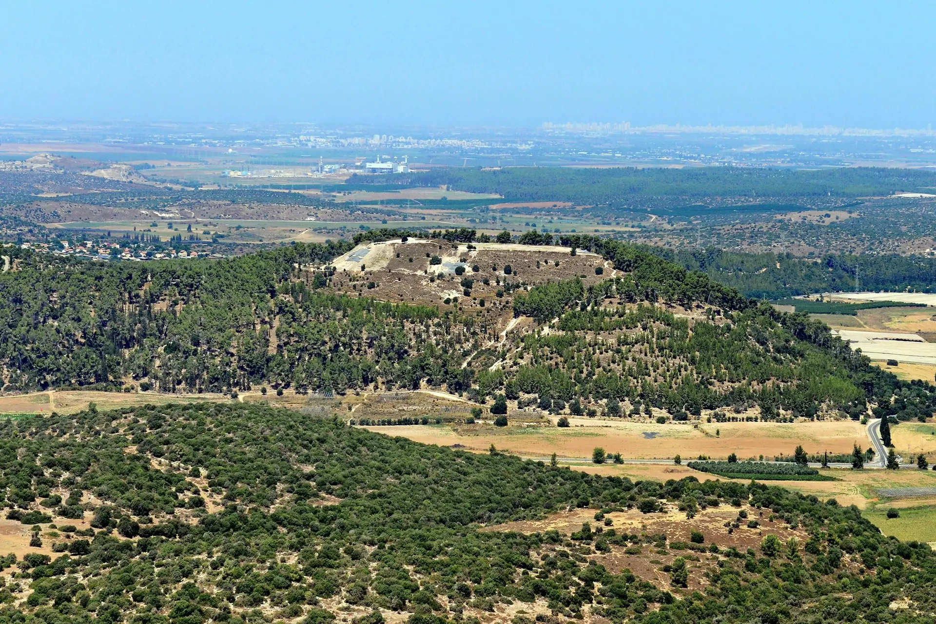 תל עזקה, גבעה מיוערת ששטוחה בראשה ומסומנת בשטחי חפירה, מעל שדות עמק האלה ומישור החוף באופק