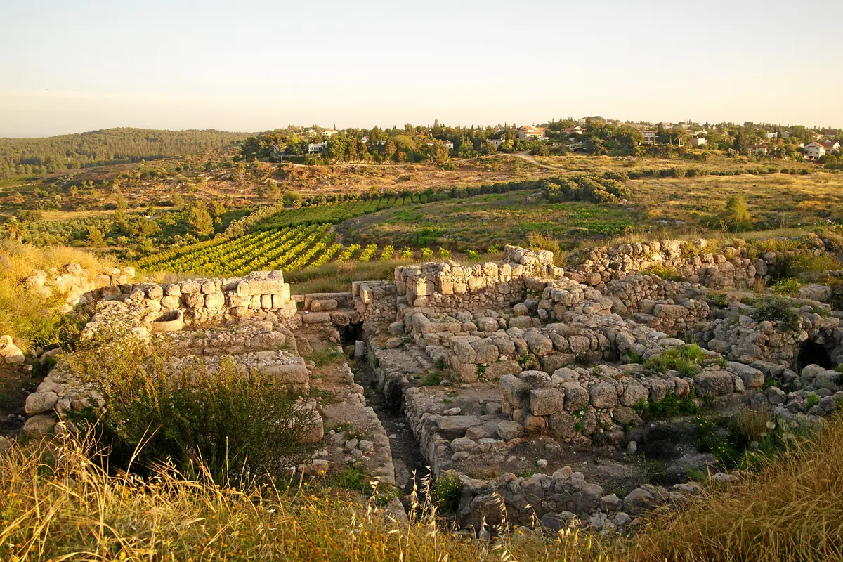 יסודות אבן של שער בעל תאים בין עשב יבש, ומאחור כרמים וישוב