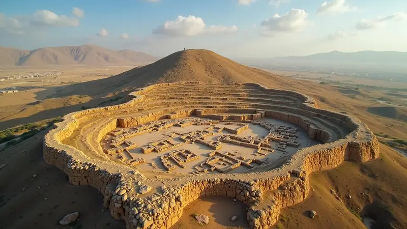 Ruines d'une ville antique en pierre au pied d'une montagne, évoquant Sichem entre les monts Ébal et Garizim