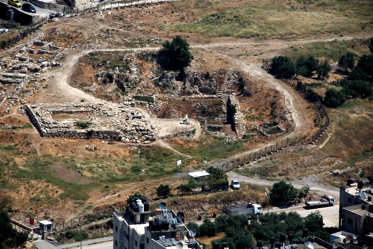 Looking down on the Tell Balata excavations: temple foundations and ramparts